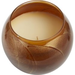 THE INSIDE OF THIS 4 in POLISHED GLOBE IS PAINTED WITH WAX TO CREATE SWIRLS OF GOLD AND RICH HUES AND COMES IN A SATIN COVERED GIFT BOX. CANDLE IS FILLED WITH A TRANSLUCENT WAX AND SCENTED WITH MYSTERIA. BURNS APPROX. 50 HRS - EBONY CANDLE GLOBE by Ebony Candle Globe