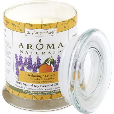 ONE 3.7x4.5 inch MEDIUM GLASS PILLAR SOY AROMATHERAPY CANDLE.  COMBINES THE ESSENTIAL OILS OF LAVENDER AND TANGERINE TO CREATE A FRAGRANCE THAT REDUCES STRESS.  BURNS APPROX. 45 HRS - RELAXING AROMATHERAPY by Relaxing Aromatherapy
