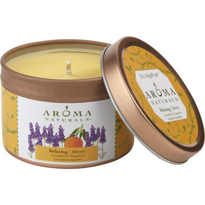 ONE 2.5x1.75 inch TIN SOY AROMATHERAPY CANDLE.  COMBINES THE ESSENTIAL OILS OF LAVENDER AND TANGERINE TO CREATE A FRAGRANCE THAT REDUCES STRESS.  BURNS APPROX. 15 HRS - RELAXING AROMATHERAPY by Relaxing Aromatherapy