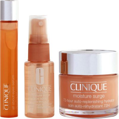 All About Moisture Set: Moisture Surge 72-Hour Auto-Replenishing Hydrator + Moisture Surge Face Spray Thirsty Skin Relief + All About Eyes Serum De-Puffing Eye Massage Roll-On --3Pcs - Clinique By Clinique
