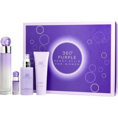 Eau De Parfum Spray 3.4 Oz & Body Mist 4 Oz & Shower Gel 3 Oz & Eau De Parfum 0.25 Oz Mini - Perry Ellis 360 Purple By Perry Ellis