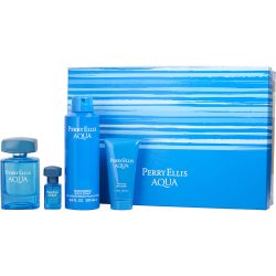 Edt Spray 3.4 Oz & Body Spray 6.8 Oz & Shower Gel 1.7 Oz  & Edt Spray .25 Mini - Perry Ellis Aqua By Perry Ellis