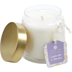 Scented Soy Glass Candle 10 Oz.  Combines Lavender Infused Honey & Crushed Chamomile