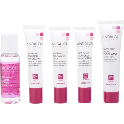 Sensitive 1000 Roses Get Started Kit: Pearl Exfoliator + Floral Toner + Rosewater Mask + Beautiful Day Cream + Heavenly Night Cream --5Pcs - Andalou Naturals By Andalou Naturals